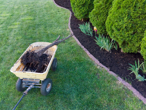 green lawn with a wheelbarrow filled with mulch